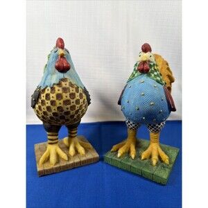 Dolgencorp Resin Patchwork Rooster Figurines Pair Country Folk Art Statues 7"